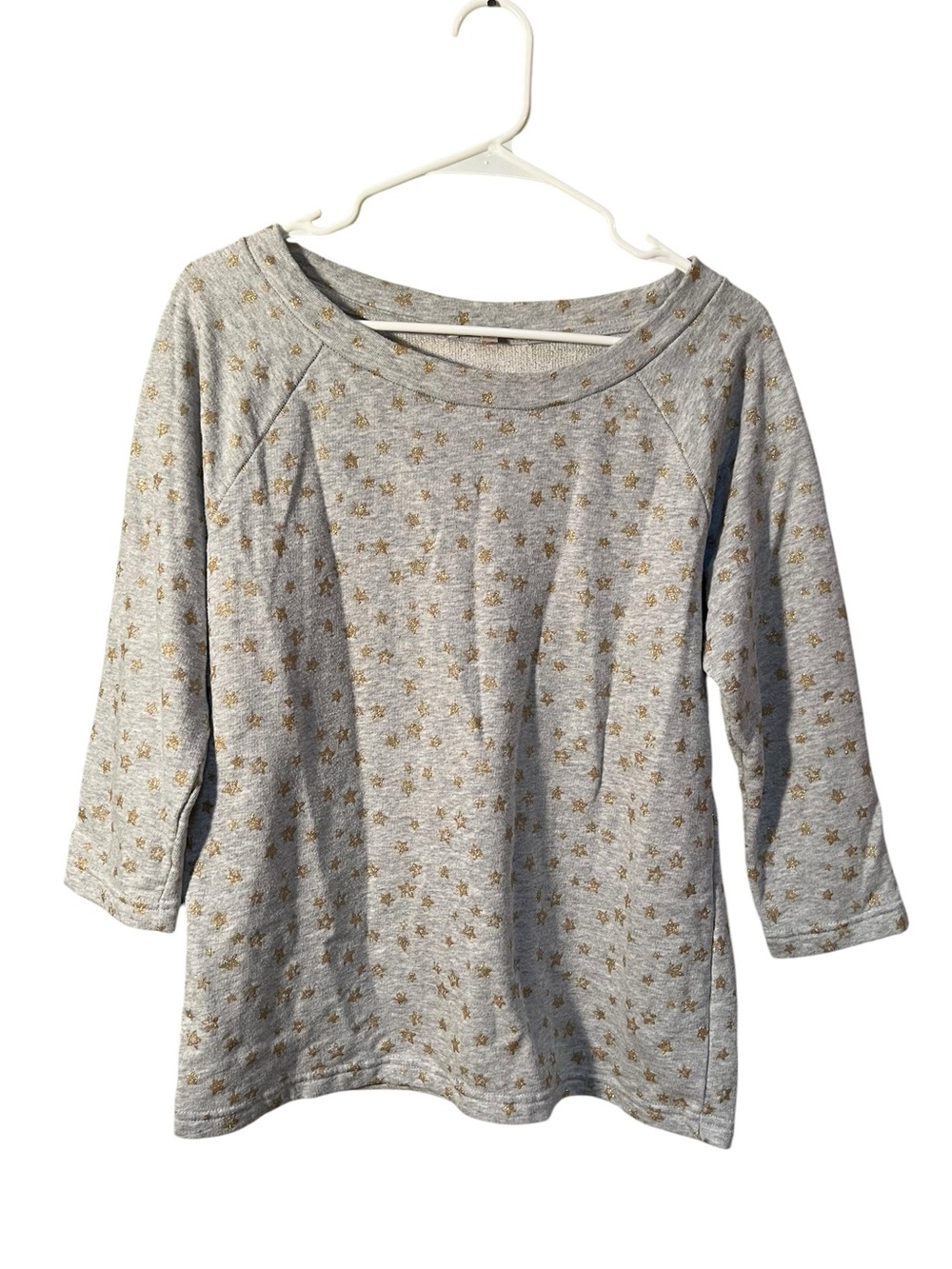 Gap Women’s Sz Medium Sweatshirt 3/4 Sleeve Heather Gray Gold Glitter Star Print